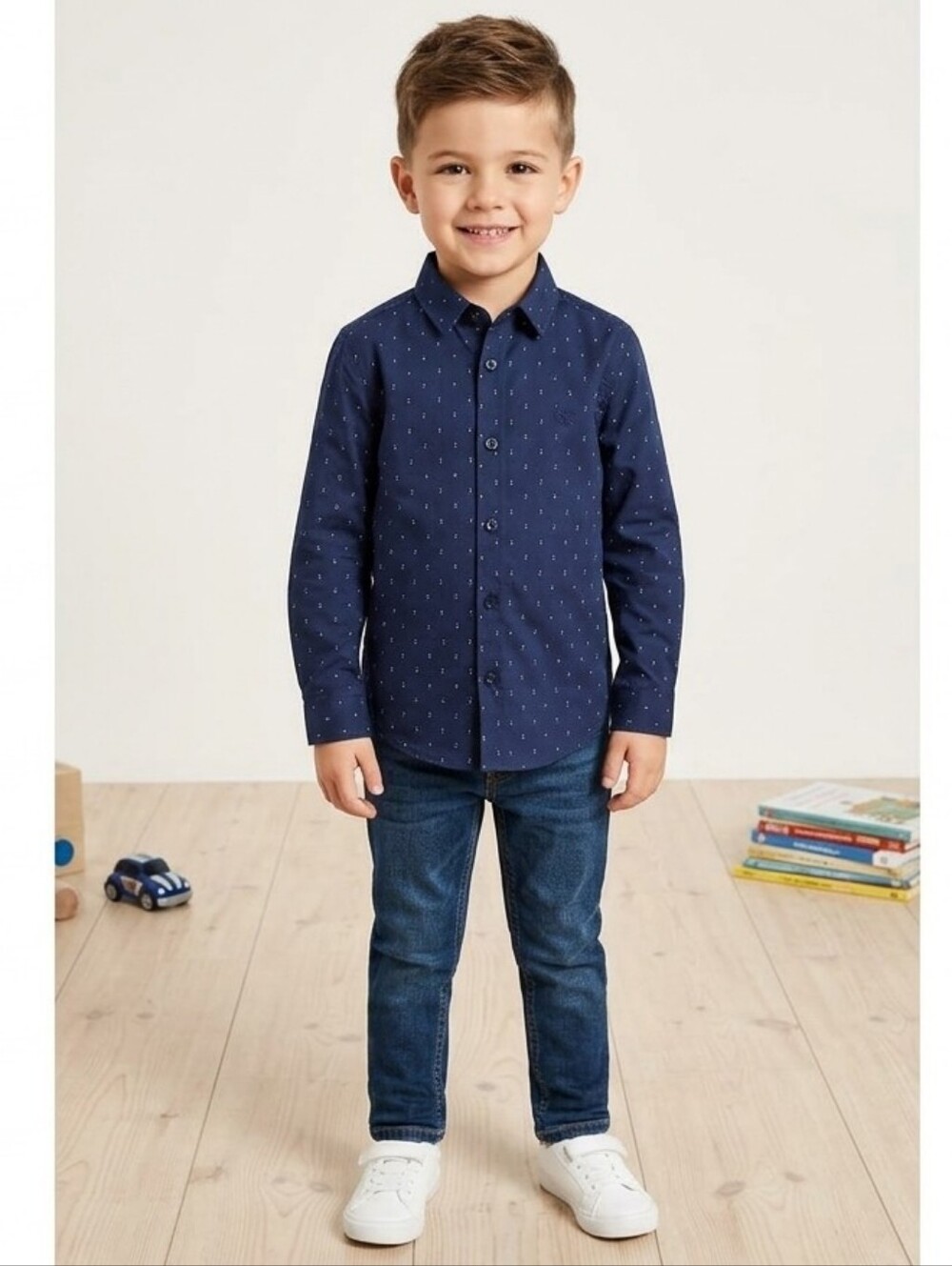 Primark Boys' Navy Button-Down Shirt with Small Dot Print NWOT